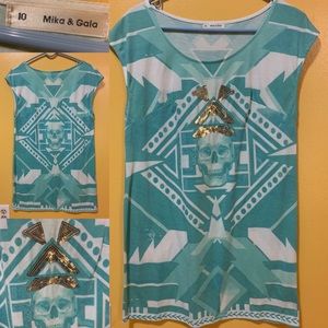 Skull, teal and white dress with gold sequins